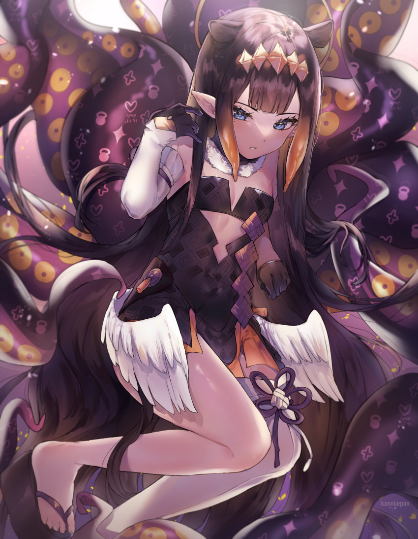 1girl absurdres animal_ears artist_name bangs black_choker black_dress black_gloves black_hair blue_eyes blunt_bangs choker commentary detached_sleeves dress flat_chest flower_knot geta gloves half_gloves halo hand_up headpiece highres hololive hololive_english huge_filesize kanniiepan long_hair looking_at_viewer low_wings mole mole_under_eye monster_girl ninomae_ina'nis parted_lips platform_footwear pointy_ears print_dress short_dress sidelocks single_detached_sleeve single_sleeve single_thighhigh solo tentacle_hair tentacles thigh-highs very_long_hair virtual_youtuber white_legwear white_wings wings zouri