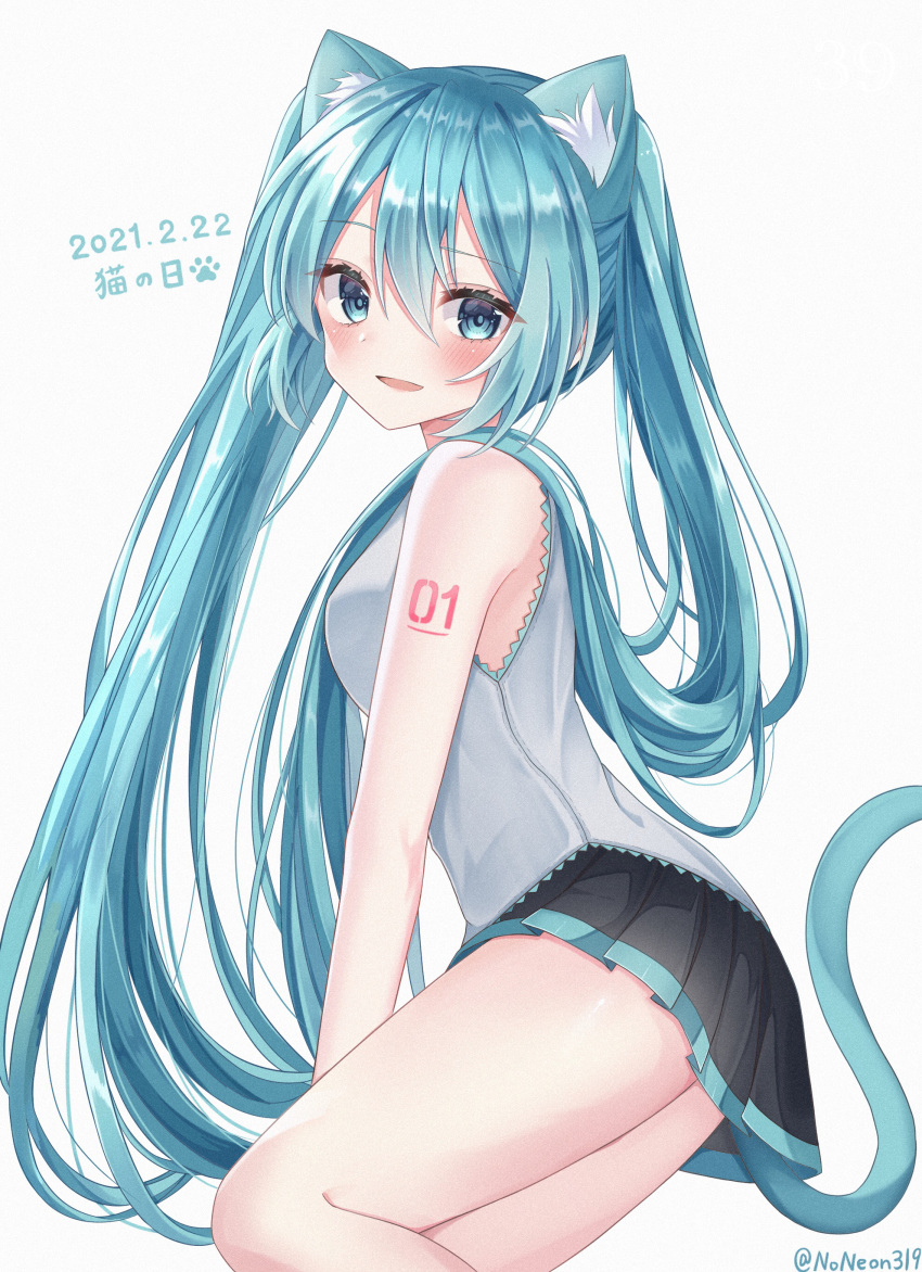 1girl absurdres animal_ear_fluff animal_ears aqua_eyes aqua_hair bare_shoulders blush breasts cat_day cat_ears cat_tail cowboy_shot dot_nose eyebrows_visible_through_hair eyelashes from_side hair_between_eyes hatsune_miku highres long_hair looking_at_viewer miniskirt noneon319 number_tattoo open_mouth paw_print pleated_skirt shiny shiny_skin shirt sidelocks simple_background sitting skirt sleeveless small_breasts smile solo tail tattoo thighs twintails twitter_username two-tone_skirt vocaloid white_background