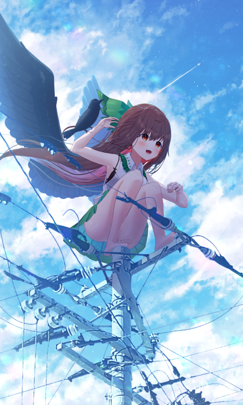 1girl :d armpits balancing bangs barefoot bird bird_wings black_bra black_wings blouse blue_sky blush bow bra bra_through_clothes braid breasts brown_eyes brown_hair clouds collared_blouse colored_inner_hair commentary_request convenient_leg day fangs french_braid full_body green_bow green_skirt hair_bow highres kiramarukou long_hair looking_afar medium_breasts multicolored_hair open_mouth outdoors raven_(animal) redhead reiuji_utsuho skirt sky sleeveless_blouse smile solo touhou underwear utility_pole white_blouse wings