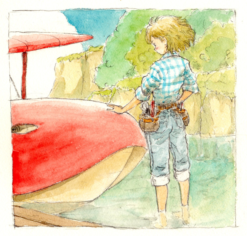 1girl aircraft airplane barefoot blonde_hair blush bob_cut brown_belt capri_pants cliff cuffed cuffed_jeans fio_piccolo forest from_behind golden_hair hair_blowing highres kurenai_no_buta li_(lithium0522) messy_hair nature painted painting pants pants_rolled_up paper plaid plaid_shirt savoia_s.21 seaplane shirt short_hair sleeves_rolled_up solo tool_belt traditional_media tucked_in tucked_shirt wading water watercolor_(medium)