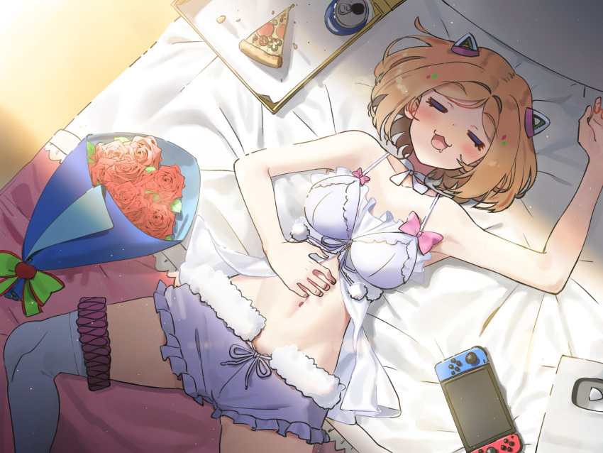1girl aki_rosenthal bed blonde_hair blush bouquet breasts can collarbone electriccross eyebrows_visible_through_hair flower food hand_up highres hololive kneehighs medium_breasts midriff nintendo_switch open_mouth pizza play_button rose saliva short_hair sleeping sleepwear solo spread_legs virtual_youtuber
