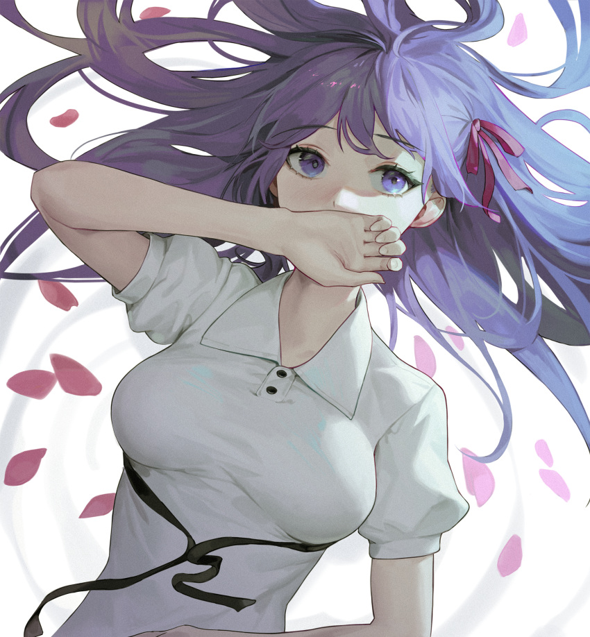 1girl breasts covering_mouth dress fate/stay_night fate_(series) hair_ribbon hand_over_own_mouth heaven's_feel heleif highres long_hair lying matou_sakura medium_breasts on_back purple_hair red_ribbon ribbon short_sleeves solo upper_body violet_eyes white_dress