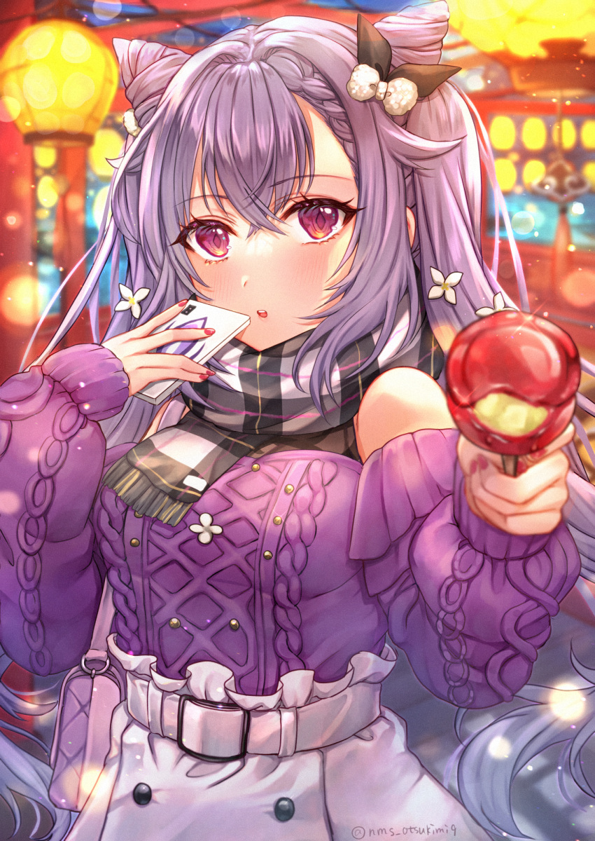 1girl bare_shoulders blush bow breasts candy candy_apple casual cellphone eyelashes flower food genshin_impact hair_bow hair_flower hair_ornament half-closed_eyes highres holding holding_candy holding_food holding_phone keqing_(genshin_impact) lantern lantern_festival long_sleeves looking_at_viewer medium_breasts nail_polish open_mouth phone plaid plaid_scarf purple_hair purple_sweater red_nails scarf skirt smile solo sweater tamaso twintails upper_body violet_eyes white_skirt