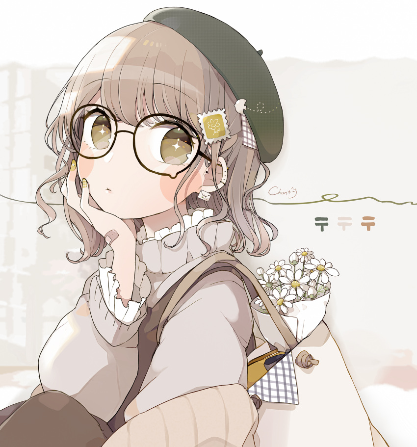 1girl arm_up bag bandaid bandaid_on_hand bangs beret book bouquet brown_background brown_bag brown_coat brown_hair brown_pants brown_shirt chon_(chon33v) coat collar commentary_request daisy earrings flower frilled_collar frilled_sleeves frills glasses green_headwear hair_ornament hand_on_own_cheek hand_on_own_face hat high_collar highres jewelry long_sleeves looking_at_viewer multiple_earrings nail_polish original pants round_eyewear shirt short_hair signature solo sparkling_eyes stamp upper_body wavy_hair white_shirt yellow_eyes yellow_nails