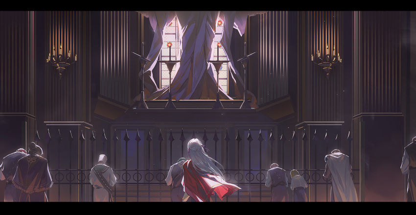 candle cape chandelier chinese_commentary commentary_request edelgard_von_hresvelg fence fire_emblem fire_emblem:_three_houses framed from_behind garreg_mach_monastery_uniform hair_ornament hair_ribbon highres hood hood_down hooded_cape indoors light long_hair long_sleeves mo_(ine_mao) multiple_boys multiple_girls out_of_frame praying purple_ribbon red_cape ribbon standing upper_body white_cape white_hair wide_shot window