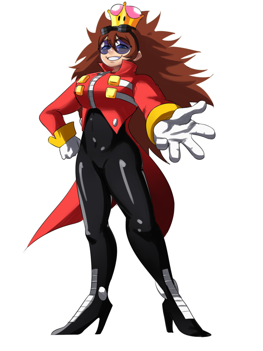 1girl big_hair blue-tinted_eyewear blue_eyes bodystocking breasts brown_hair coattails covered_navel cropped_jacket crossover crown dr._eggman full_body genderswap genderswap_(mtf) gloves goggles goggles_on_head grin hand_on_hip high_heels highres jacket large_breasts long_hair looking_at_viewer super_mario_bros. messy_hair new_super_mario_bros._u_deluxe outstretched_hand red_jacket rimless_eyewear round_eyewear smile solo sonic_(series) standing super_crown tina_fate white_gloves zipper zipper_pull_tab