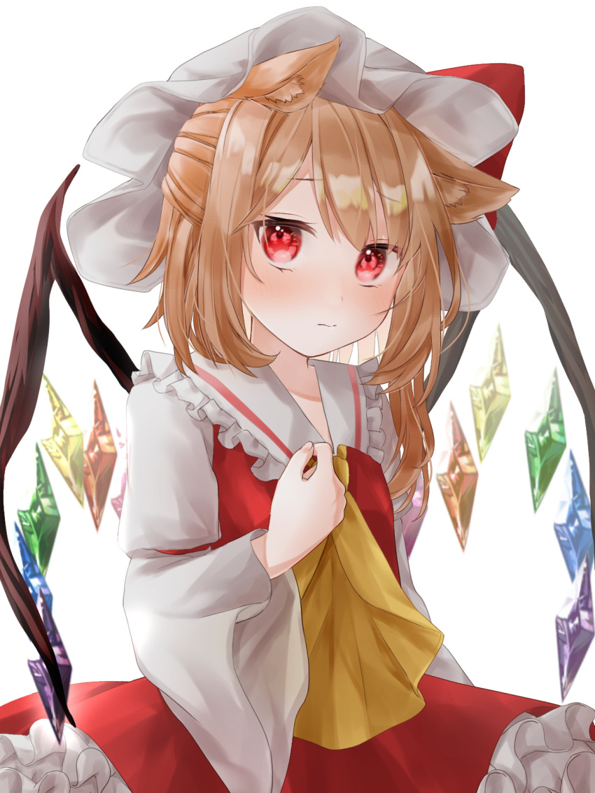 1girl adapted_costume animal_ear_fluff animal_ears blonde_hair blush bow breasts cat_day cat_ears closed_mouth crystal dress expressionless eyebrows_visible_through_hair flandre_scarlet frilled_shirt_collar frills furawast hat hat_bow highres kemonomimi_mode long_sleeves looking_at_viewer mob_cap one_side_up petticoat red_bow red_dress red_eyes short_hair simple_background small_breasts solo touhou upper_body white_background white_headwear wide_sleeves wings yellow_neckwear