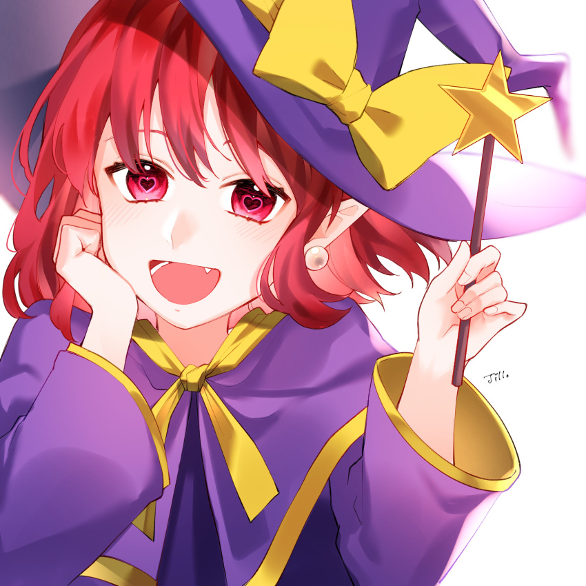 1girl artist_name bangs bow cape dress earrings eyebrows_visible_through_hair hair_between_eyes hand_on_own_face hands_up hat hat_bow heart heart_eyes highres jewelry jill_07km kirisame_marisa kirisame_marisa_(pc-98) long_sleeves looking_at_viewer open_mouth purple_cape purple_dress purple_headwear purple_sleeves red_eyes redhead short_hair simple_background smile solo star_(symbol) touhou touhou_(pc-98) white_background witch_hat yellow_bow