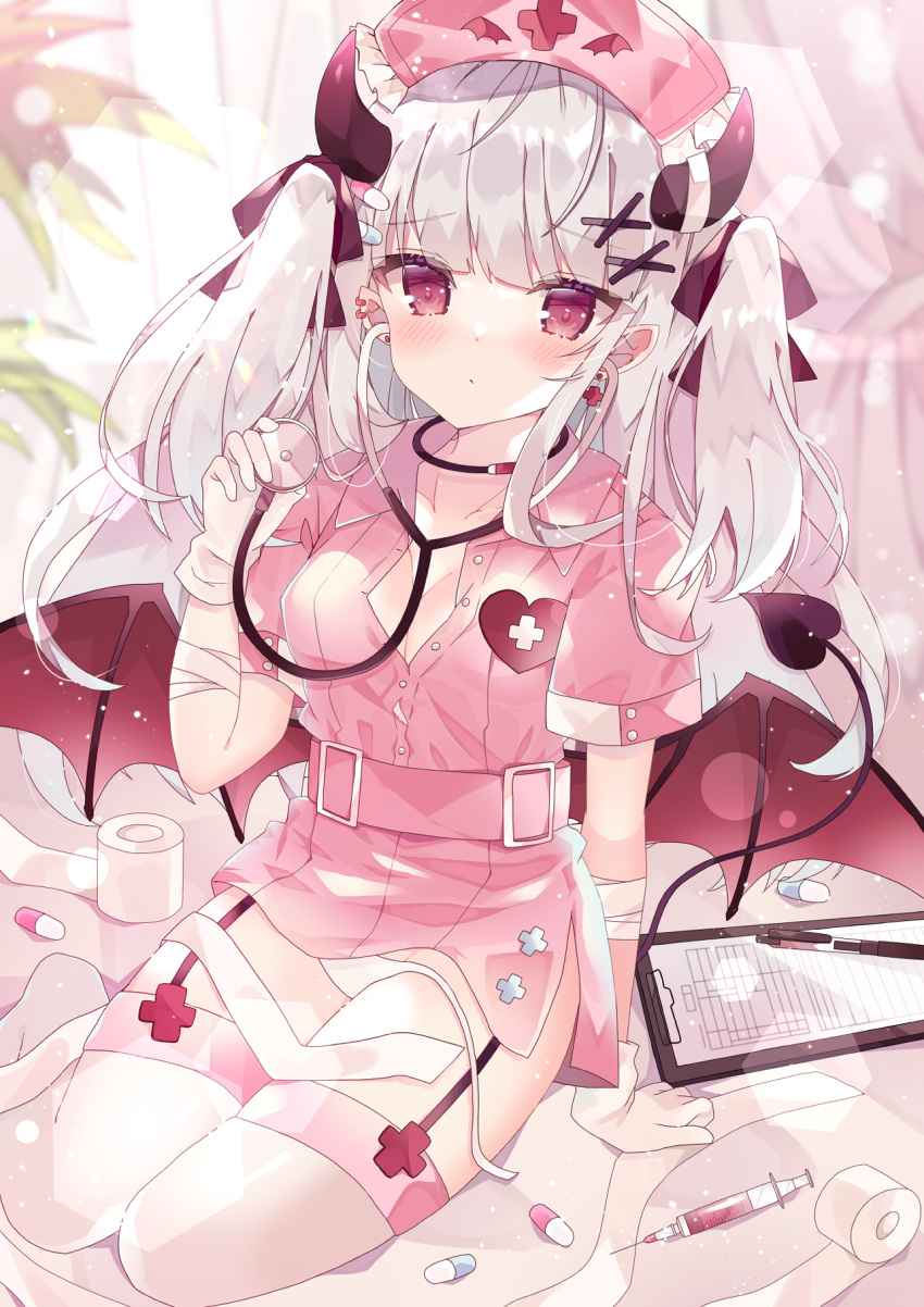 1girl aoi_yugina bandages bangs belt blonde_hair blush breasts demon_girl demon_tail demon_wings grey_hair hair_ornament hair_ribbon hairclip heart highres holding holding_needle hose long_hair looking_at_viewer medium_breasts moe2021 needle nurse original pantyhose pen red_eyes ribbon seiza silver_hair sitting solo stethoscope tail thigh-highs two_side_up uniform white_hair wings