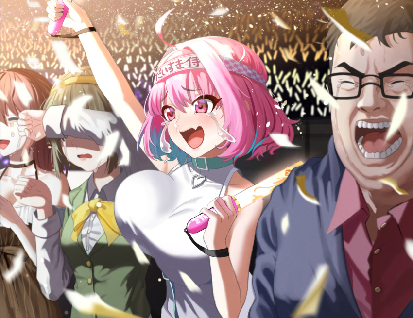 1boy 3girls arm_up bangs bare_shoulders black-framed_eyewear blue_hair bouncing_breasts breasts closed_eyes collared_shirt commentary covering_eyes crying crying_with_eyes_open double_chin dress fang glasses green_hair green_vest hair_between_eyes hairband hand_up headband heart highres idolmaster idolmaster_(classic) idolmaster_cinderella_girls large_breasts long_sleeves multicolored_hair multiple_girls neck_ribbon open_mouth otonashi_kotori pink_hair pumpkin_king red_shirt ribbon shirt short_hair skin_fang symbol_commentary tears teeth tongue two-tone_hair unaligned_breasts upper_body vest white_dress white_shirt yellow_hairband yellow_ribbon yumemi_riamu