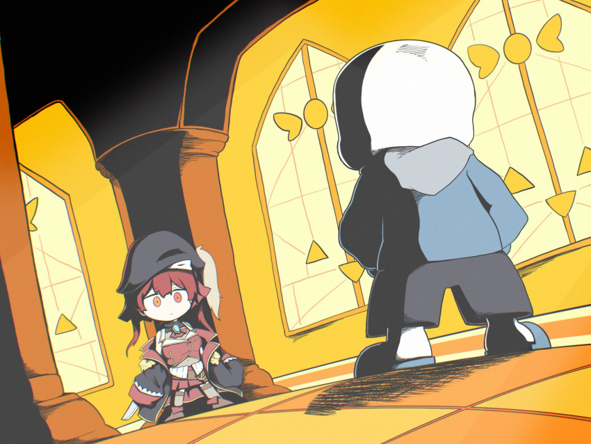 akainu_pony chibi covered_navel empty_eyes hat heterochromia highres holding holding_knife hololive hood hoodie houshou_marine knife off-shoulder_coat pillar pirate_hat red_eyes redhead sans shadow skirt slippers thigh-highs twintails undertale yellow_eyes