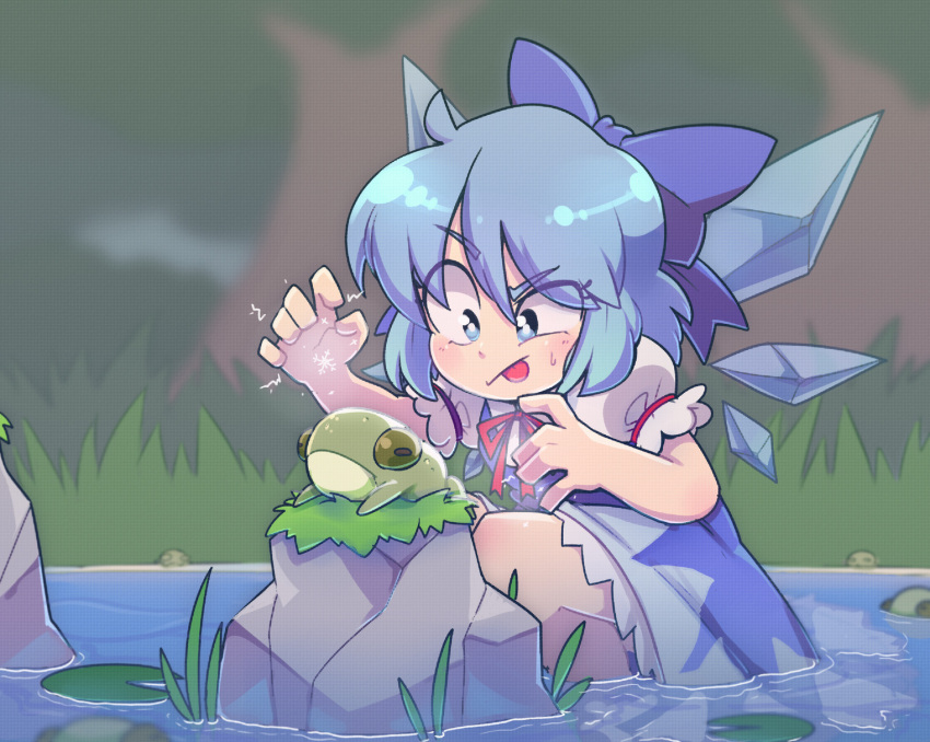 1girl blue_bow blue_eyes blue_hair blush bow cirno closed_mouth dosh eyebrows_visible_through_hair frog hair_bow highres looking_away outdoors puffy_short_sleeves puffy_sleeves short_hair short_sleeves solo tongue tongue_out touhou water