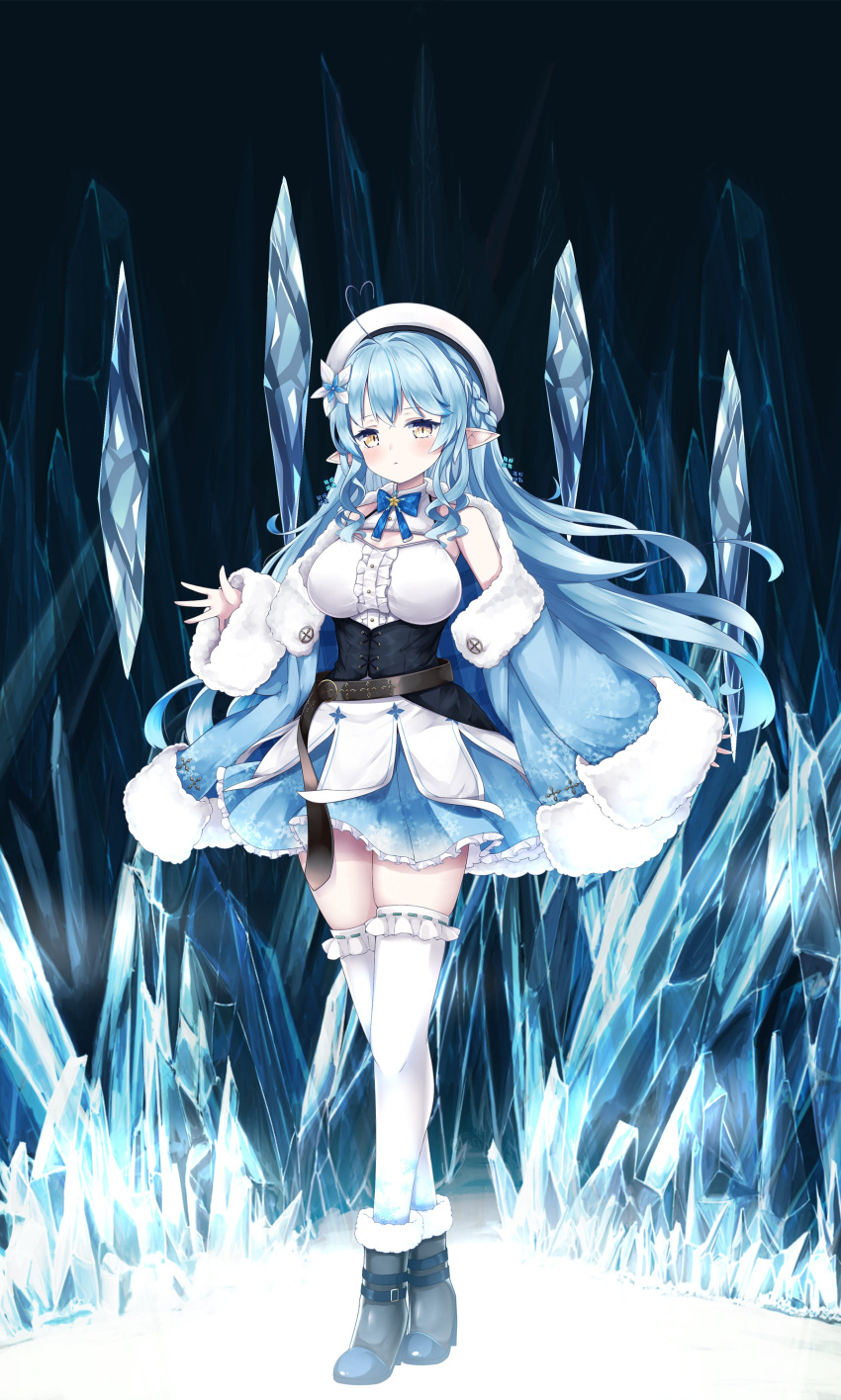 1girl absurdres ahoge blue_bow blue_hair blue_jacket blue_skirt blush bow breasts cleavage_cutout clothing_cutout cocozasa corset crossed_legs elf flower fur_trim hair_flower hair_ornament hat heart_hair highres hololive hololive_alternative ice jacket large_breasts off_shoulder open_hand pointy_ears skirt sleeves_past_wrists solo standing thigh-highs virtual_youtuber white_headwear yellow_eyes yukihana_lamy
