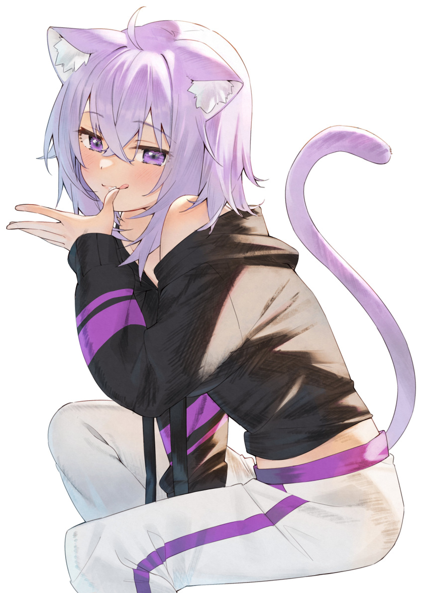 1girl absurdres ahoge animal_ears cat_ears cat_tail highres hololive joker_(tomakin524) nekomata_okayu pants purple_hair rice sitting tail tongue tongue_out violet_eyes white_background
