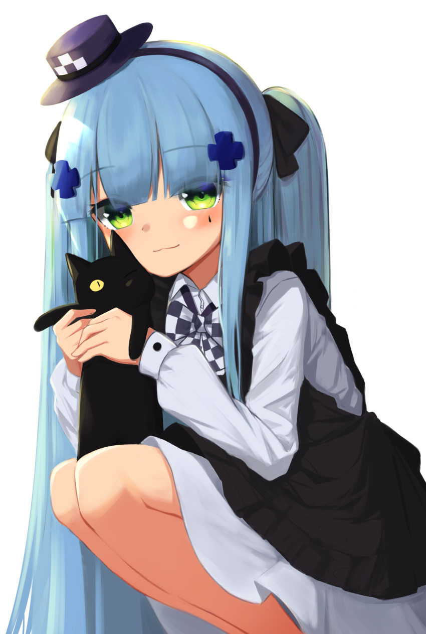 1girl :3 absurdres animal apron black_apron black_bow black_cat blue_hair blush bow cat closed_mouth dress eyebrows_visible_through_hair facial_mark feet_out_of_frame girls_frontline green_eyes hair_bow hair_ornament hairband hat highres hk416_(girls_frontline) holding holding_animal holding_cat klaius long_hair long_sleeves looking_at_viewer mini_hat mini_top_hat purple_headwear simple_background smile solo squatting top_hat twintails very_long_hair white_background white_dress