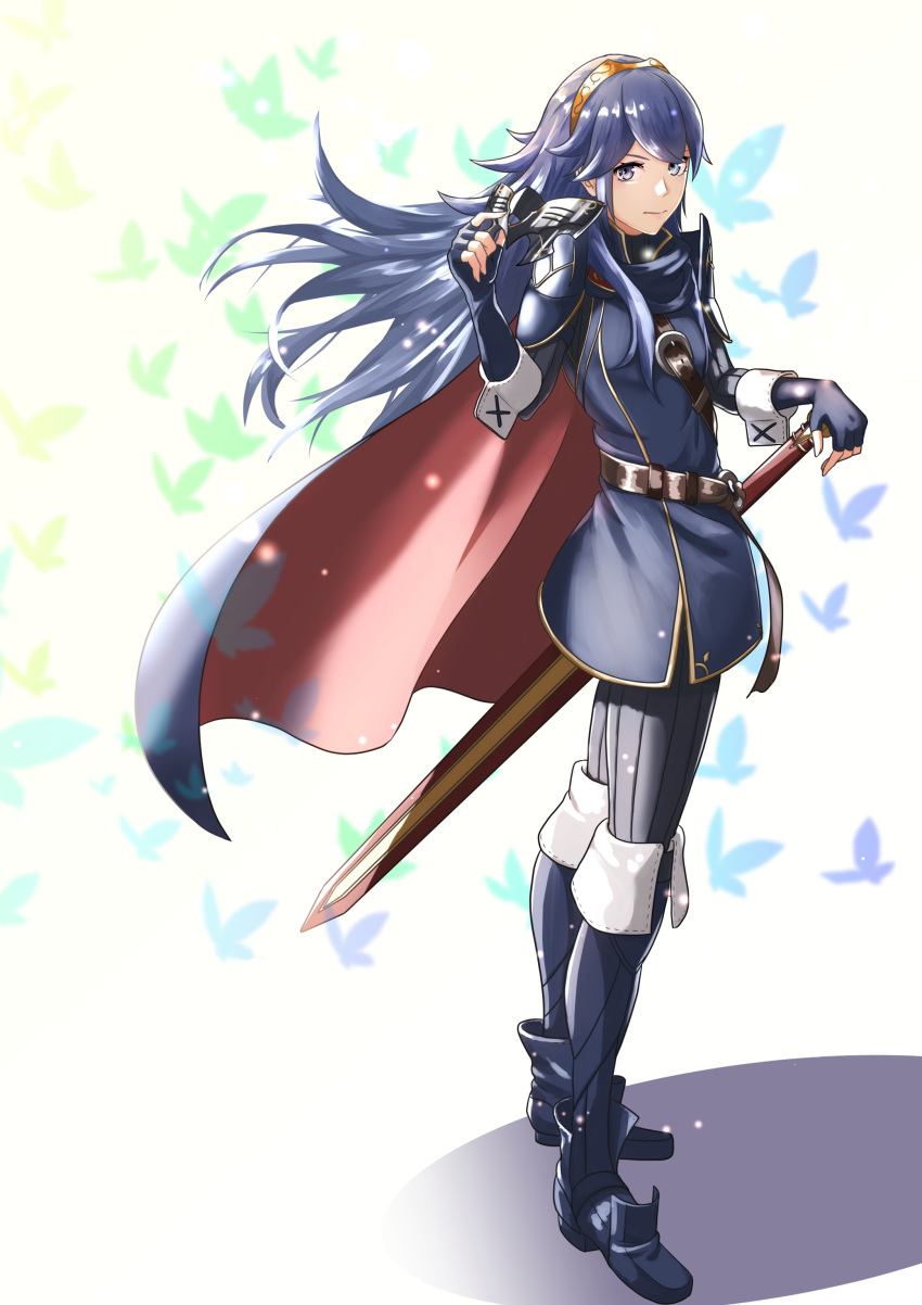 1girl absurdres armor bangs belt blue_dress blue_eyes blue_footwear bodysuit boots bug butterfly cape closed_mouth commentary_request dress falchion_(fire_emblem) fingerless_gloves fire_emblem fire_emblem_awakening full_body gloves gold_trim highres insect knee_boots long_hair looking_at_viewer lucina_(fire_emblem) mask mask_removed shadow sheath sheathed shiny shiny_hair shoulder_armor sidelocks solo sparkle sukkirito_(rangusan) tiara wrist_cuffs