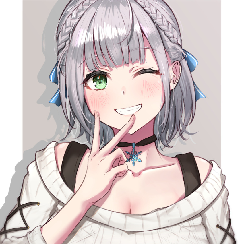 1girl blue_ribbon blush braid breasts french_braid green_eyes grin hair_ribbon hand_up highres hololive large_breasts nofakeuk off-shoulder_sweater off_shoulder one_eye_closed portrait ribbed_sweater ribbon shirogane_noel short_hair silver_hair smile solo sweater v white_sweater