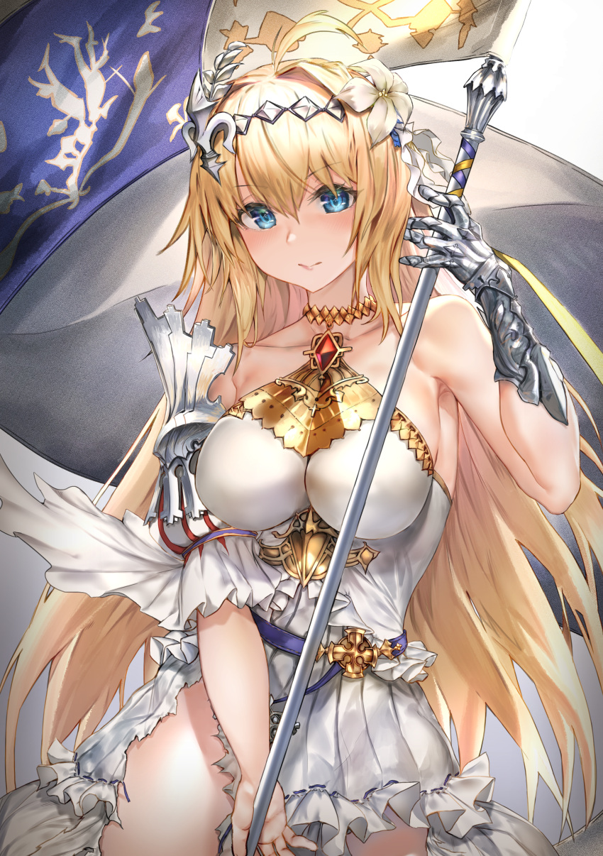 1girl absurdres bangs bare_shoulders belt blonde_hair blue_eyes blush breasts collarbone diadem dress flag flower gauntlets granblue_fantasy hair_flower hair_intakes hair_ornament highres huge_filesize jeanne_d'arc_(granblue_fantasy) jewelry large_breasts lily_(flower) long_hair looking_at_viewer moobong neck_ring polearm single_gauntlet weapon white_dress