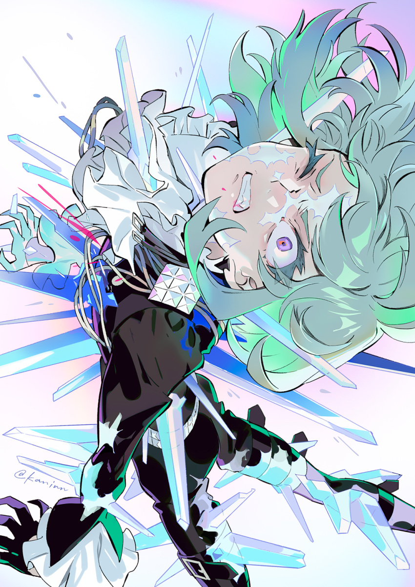 1boy aiguillette artist_name black_gloves black_jacket black_pants clenched_teeth constricted_pupils cravat frilled_shirt_collar frilled_sleeves frills furrowed_eyebrows gloves green_hair half_gloves high_collar highres ice ice_crystal jacket kaninn lio_fotia long_sleeves looking_up male_focus multiple_sources one_eye_closed pants promare shin_strap short_hair solo teeth thigh_strap violet_eyes white_neckwear wince