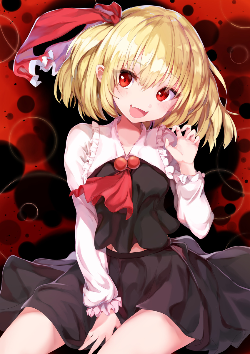 1girl :d between_legs black_skirt black_vest blonde_hair breasts claw_pose collarbone commentary_request danmaku darkness fangs feet_out_of_frame frilled_shirt_collar frills hair_ribbon hand_between_legs hand_up head_tilt highres light_blush looking_at_viewer midriff_peek one_side_up open_mouth red_background red_eyes red_ribbon ribbon rumia ruri-urasue-1224 short_hair sitting skin_fangs skirt skirt_set small_breasts smile solo touhou vest white_sleeves