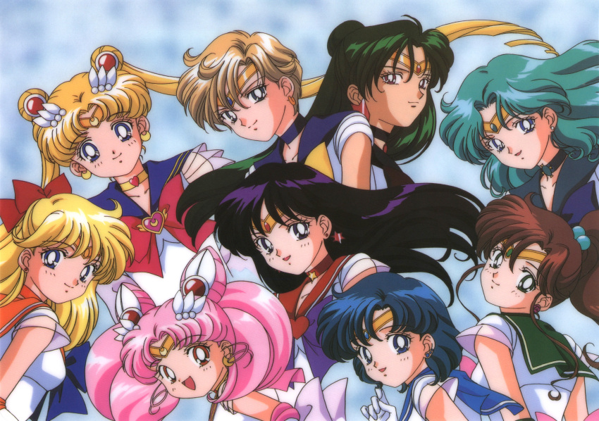 1990s_(style) 6+girls aino_minako aqua_hair bangs bishoujo_senshi_sailor_moon black_eyes black_hair blonde_hair blue_eyes blue_hair brown_hair chibi_usa choker crescent crescent_earrings double_bun earrings elbow_gloves eyebrows_visible_through_hair gloves green_eyes green_hair hair_bobbles hair_ornament heart heart_choker high_ponytail highres hino_rei jewelry kino_makoto leotard light_brown_hair long_hair looking_at_viewer meiou_setsuna mizuno_ami multiple_girls official_art open_mouth pink_hair red_eyes retro_artstyle sailor_chibi_moon sailor_jupiter sailor_mars sailor_mercury sailor_moon sailor_neptune sailor_pluto sailor_senshi sailor_senshi_uniform sailor_uranus sailor_venus scan short_hair smile star_(symbol) star_choker ten'ou_haruka tiara tsukino_usagi twintails very_long_hair violet_eyes