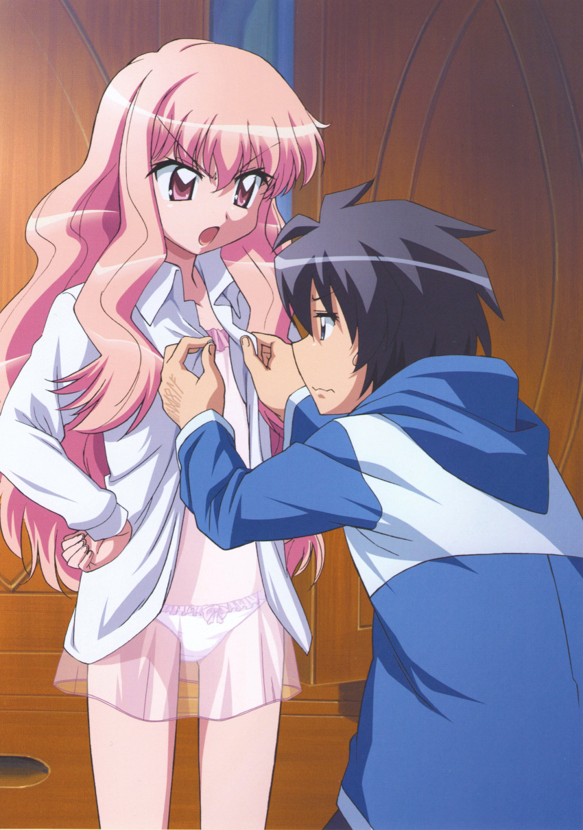 1boy 1girl absurdres artist_request blouse bow bow_panties frilled_panties frills hands_on_hips hetero highres hiraga_saito lingerie long_hair long_sleeves louise_francoise_le_blanc_de_la_valliere negligee open_clothes open_shirt panties pink_eyes pink_hair pink_panties shirt standing underwear zero_no_tsukaima