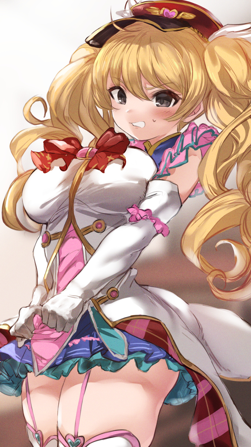 1girl absurdres bangs blonde_hair blue_skirt blush bow breasts brooch clenched_teeth elbow_gloves feathers frills garter_straps gloves gradient gradient_background granblue_fantasy grey_eyes hat highres jewelry large_breasts long_hair looking_at_viewer maou_(maoudaisukiya) monika_weisswind open_mouth peaked_cap red_bow red_headwear shirt skirt sleeveless sleeveless_shirt teeth thigh-highs thighs twintails wavy_hair white_gloves white_legwear