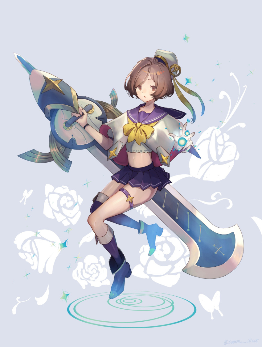 1boy asymmetrical_legwear boots brown_eyes brown_hair crop_top eyebrows_visible_through_hair floral_background full_body hat hat_ribbon highres holding holding_weapon instrument kneehighs looking_at_viewer magical_boy midriff navel neckerchief original otoko_no_ko parted_lips pleated_skirt purple_sailor_collar ribbon sailor_collar short_hair skirt solo sooon thigh-highs thigh_strap weapon wide_sleeves yellow_neckwear yellow_ribbon