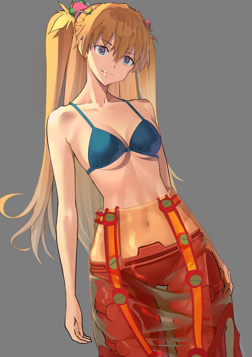 1girl bare_arms bare_shoulders bikini bikini_top blonde_hair blue_bikini blue_eyes breasts commentary cowboy_shot grey_background hair_between_eyes hair_ornament highres long_hair looking_at_viewer medium_breasts neon_genesis_evangelion pants plugsuit red_pants simple_background solo souryuu_asuka_langley swimsuit tama_(monster1553) two_side_up