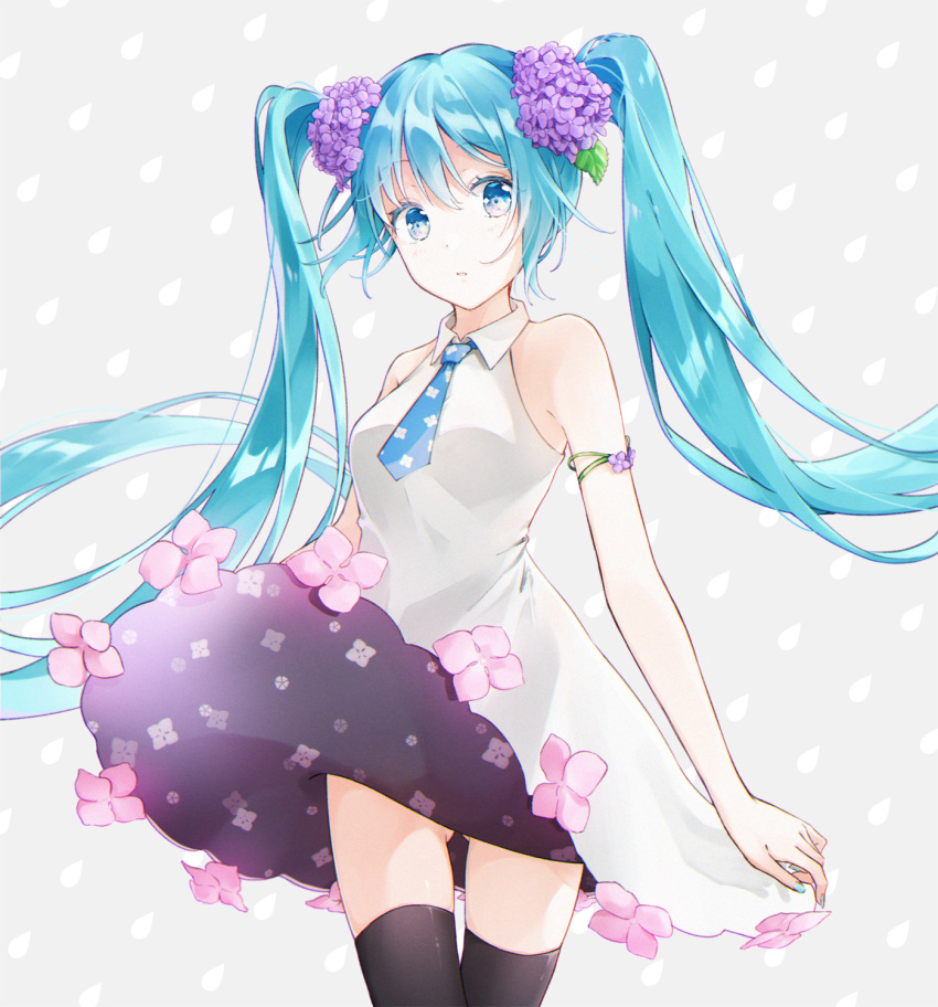 1girl aoi_yuki aqua_hair armlet ass_visible_through_thighs bangs bare_shoulders black_legwear blue_eyes blue_neckwear cowboy_shot dress dress_flower dress_lift eyebrows_visible_through_hair flower grey_background hair_flower hair_ornament hatsune_miku highres hydrangea long_hair looking_at_viewer necktie polka_dot polka_dot_background short_necktie sleeveless sleeveless_dress solo standing thigh-highs twintails very_long_hair vocaloid white_dress zettai_ryouiki