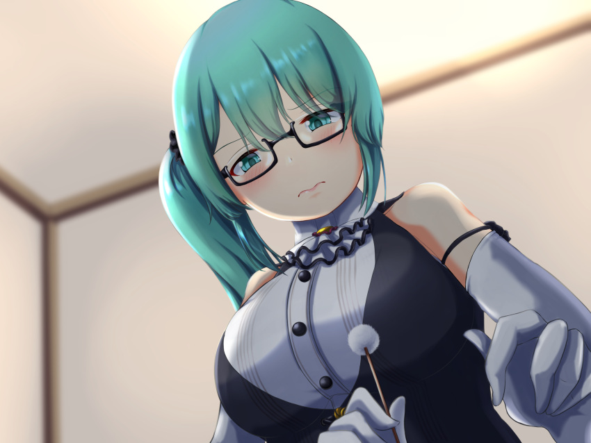 .live 1girl bangs bare_shoulders black-framed_eyewear black_vest blood_on_mimikaki blush breasts buttons closed_mouth collared_shirt commentary_request confused cropped_torso dress_shirt elbow_gloves eyebrows_visible_through_hair glasses gloves green_eyes green_hair hair_between_eyes highres kagura_suzu_(.live) large_breasts long_hair looking_at_another looking_down mimikaki ribbon-trimmed_gloves ribbon_trim room semi-rimless_eyewear shirt side_ponytail sleeveless sleeveless_shirt solo typemekarauroko196 under-rim_eyewear vest virtual_youtuber white_gloves white_neckwear white_shirt