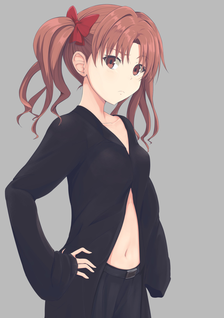 1girl absurdres belt belt_buckle black_belt bow brown_eyes brown_hair buckle closed_mouth collarbone frown grey_background hair_bow hair_intakes hand_on_hip highres k3rd long_hair looking_at_viewer midriff navel red_bow shiny shiny_hair shirai_kuroko simple_background sleeves_past_wrists solo standing stomach toaru_majutsu_no_index twintails