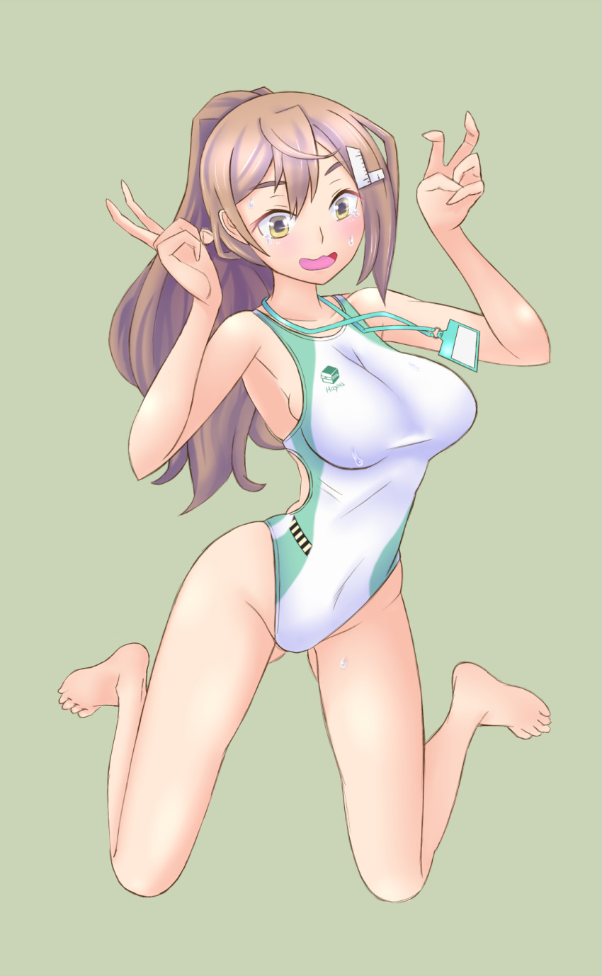 1girl ass_visible_through_thighs barefoot breasts brown_eyes brown_hair commentary_request competition_swimsuit full_body grey_background hair_ornament hairclip hayama_mido hayama_mido_ch. highres id_card long_hair looking_at_viewer medium_breasts mole mole_under_eye one-piece_swimsuit open_mouth ponytail simple_background solo swimsuit two-tone_swimsuit virtual_youtuber wani_no_sashimi wavy_mouth white_swimsuit