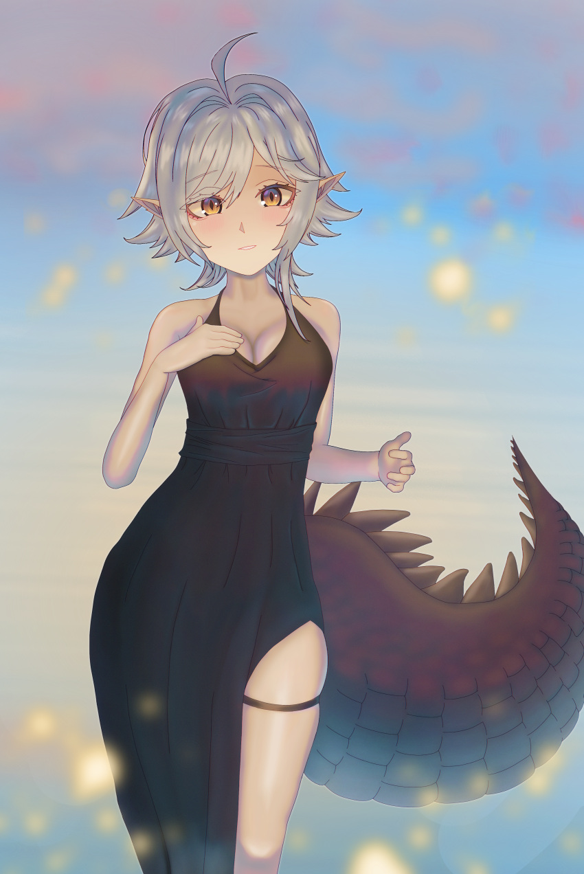 1girl absurd_fox ahoge arknights bangs black_dress dress grey_hair highres large_breasts skin_tight solo tail thigh_highs thighs tomimi_(arknights)