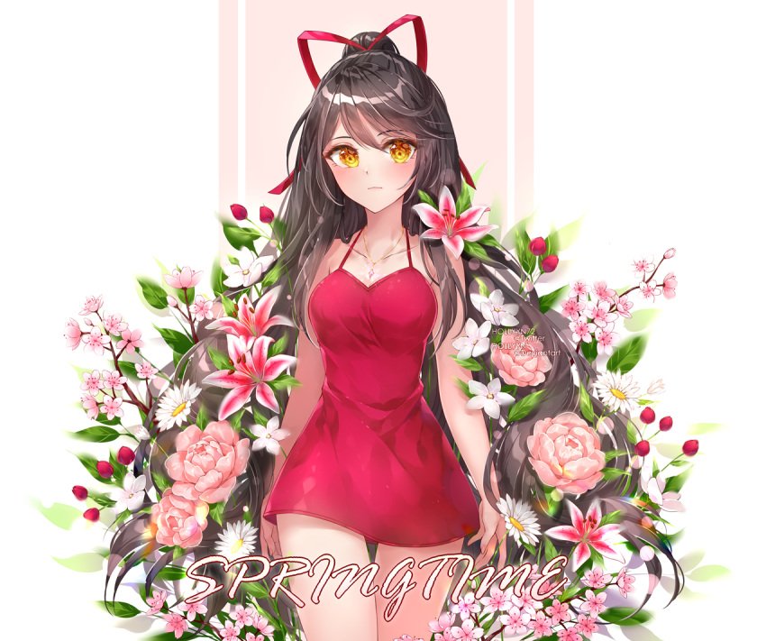 1girl bare_arms bare_shoulders black_hair breasts closed_mouth collarbone cowboy_shot dress flower hair_ribbon halter_dress halterneck hollyyn jewelry long_hair looking_at_viewer medium_breasts necklace orange_eyes original pink_flower ponytail red_dress ribbon short_dress sleeveless sleeveless_dress solo spaghetti_strap spring_(season) thigh_gap thighs very_long_hair white_flower