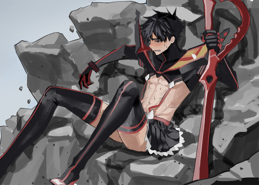 1boy abs bangs black_eyes black_footwear black_hair black_skirt blush boots crossdressinging genderswap genderswap_(ftm) grey_background highres holding holding_weapon kill_la_kill korean_commentary living_clothes male_focus matoi_ryuuko rock rubble scissor_blade simple_background sitting skirt solo suspenders sweat thigh-highs thigh_boots toned unye_00 weapon