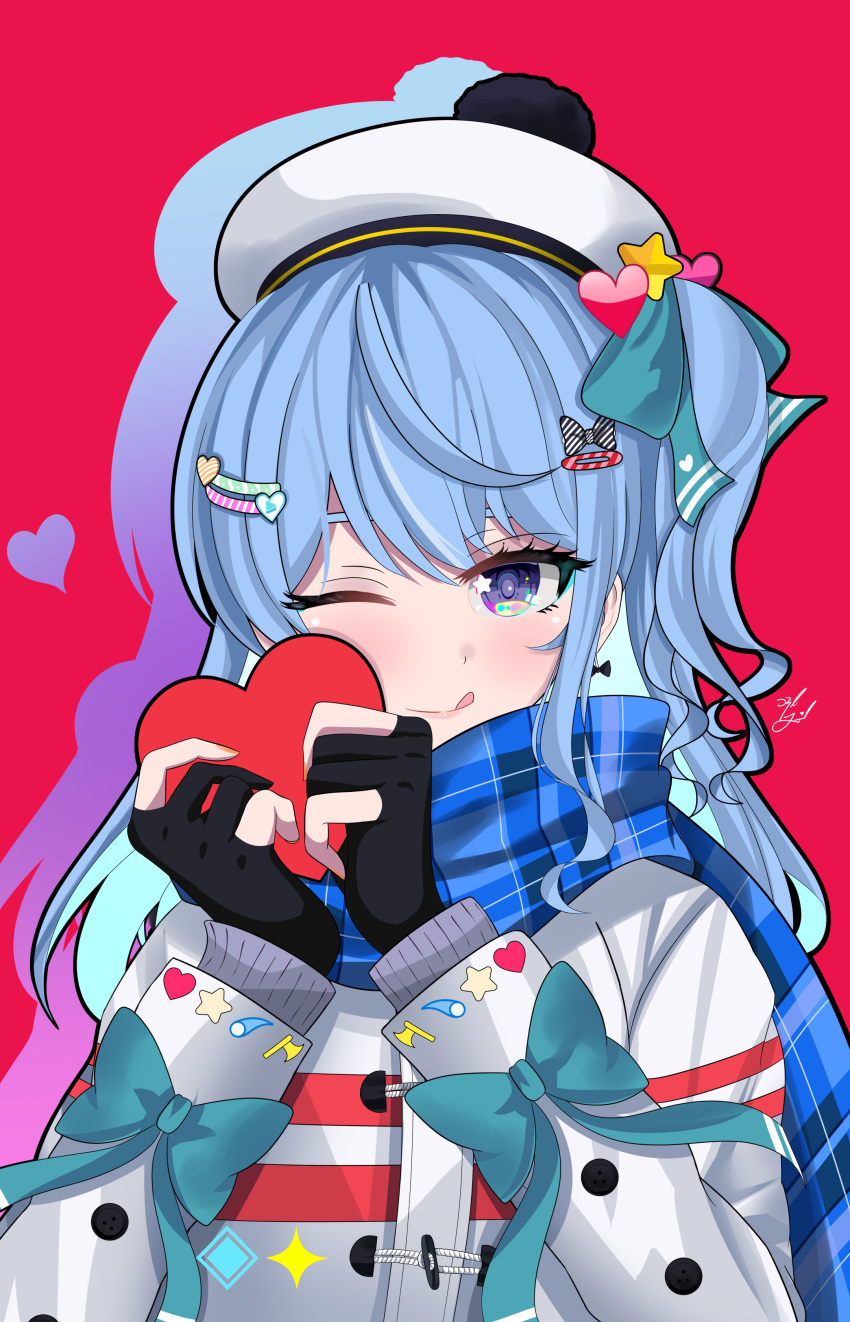 1girl absurdres bangs beret black_gloves blue_eyes blue_hair blue_scarf blush box check_commentary commentary_request gloves hair_ornament hairclip hat heart-shaped_box highres hololive hoshimachi_suisei kiriyakundesu licking_lips long_sleeves looking_at_viewer one_eye_closed partially_fingerless_gloves red_background scarf solo tongue tongue_out valentine virtual_youtuber white_headwear