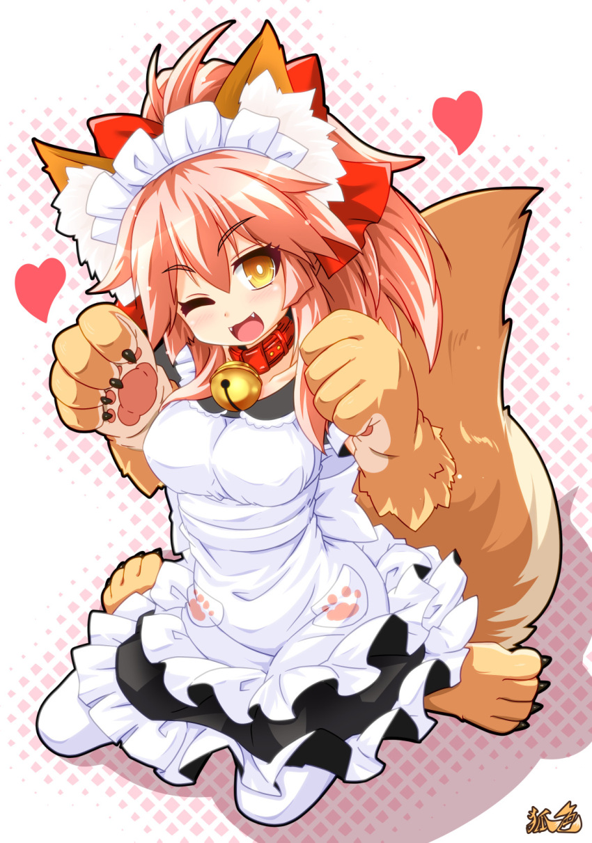 1girl alternate_costume animal_ear_fluff animal_ears apron bell breasts cat_paws collar collarbone commentary_request enmaided eyebrows_visible_through_hair fangs fate/grand_order fate_(series) fox_ears fox_girl fox_tail gloves hair_ribbon heart highres jingle_bell kazami_karasu large_breasts long_hair looking_at_viewer maid maid_apron maid_headdress neck_bell one_eye_closed open_mouth paw_gloves paw_shoes paws pink_hair ponytail red_ribbon ribbon shoes sitting solo tail tamamo_(fate)_(all) tamamo_cat_(fate) waist_apron white_apron white_legwear yellow_eyes