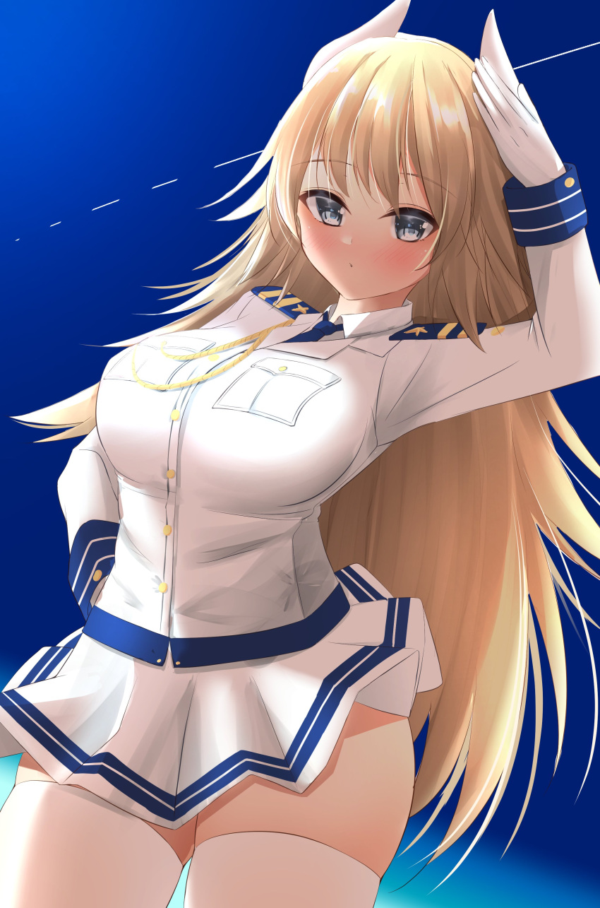1girl absurdres alternate_costume animal_ears azur_lane balut_(7676i) blue_eyes breasts brown_hair commentary_request commission furutaka_(azur_lane) highres large_breasts long_hair looking_at_viewer military military_uniform pleated_skirt salute skeb_commission skirt solo thigh-highs uniform