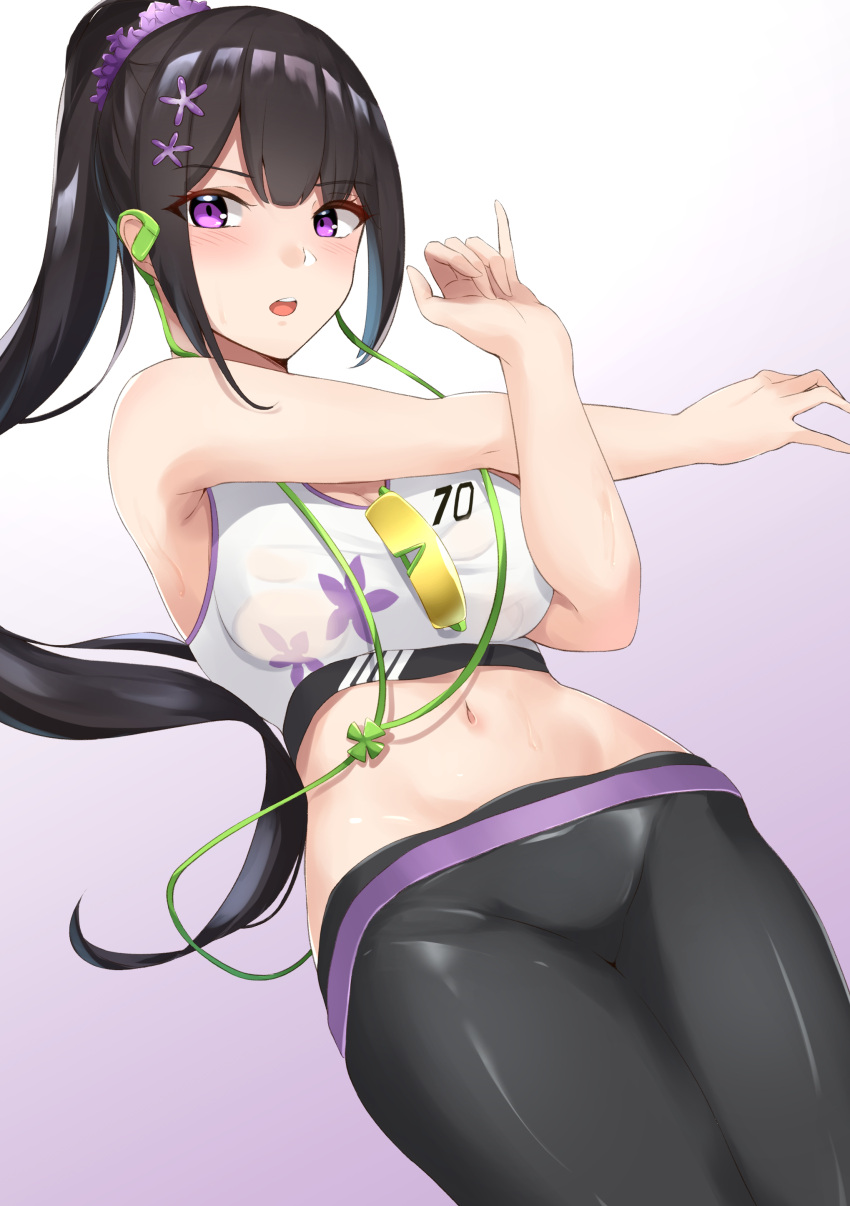 1girl absurdres bangs bare_arms bare_shoulders black_hair black_pants blue_archive blush breasts commentary_request eyebrows_visible_through_hair gradient gradient_background hair_ornament hair_scrunchie haneramu highres leggings long_hair looking_at_viewer medium_breasts midriff navel open_mouth pants ponytail purple_background purple_scrunchie scrunchie solo sports_bra stomach stretch sumire_(blue_archive) very_long_hair violet_eyes white_background