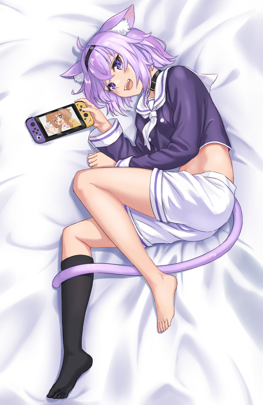 1girl :d absurdres animal_ears barefoot bed_sheet black_collar black_hairband black_legwear cat_ears cat_tail collar full_body hairband handheld_game_console highres holding holding_handheld_game_console hololive inugami_korone jiu_fanglianhua kneehighs legs long_hair long_sleeves looking_at_viewer lying midriff navel nekomata_okayu nintendo_switch on_side open_mouth purple_hair purple_serafuku sailor_collar school_uniform serafuku short_hair single_kneehigh smile solo tail teeth upper_teeth violet_eyes virtual_youtuber white_sailor_collar