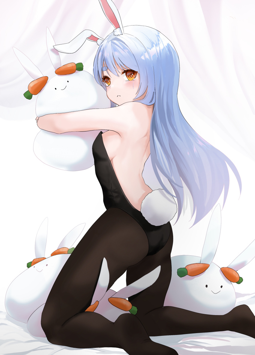 1girl absurdres alternate_hairstyle animal_ear_fluff animal_ears ass backless_leotard bangs bare_arms bare_back bare_shoulders black_legwear black_leotard blue_hair blush breasts bunny-shaped_pupils bunny_tail embarrassed frown hair_down highres hikimayu hololive kneeling leotard long_hair looking_at_viewer muno no_shoes nousagi_(usada_pekora) on_bed orange_eyes pantyhose playboy_bunny rabbit_ears rabbit_girl short_eyebrows shoulder_blades sideboob small_breasts solo strapless strapless_leotard stuffed_toy swept_bangs tail tearing_up usada_pekora virtual_youtuber