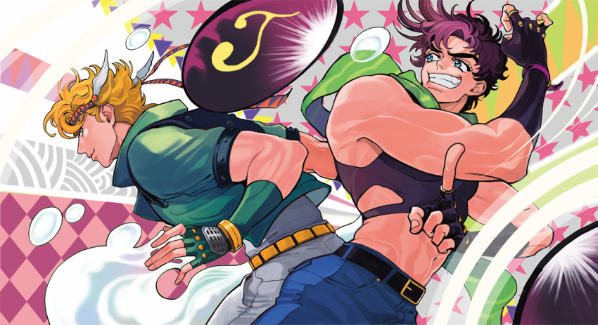 2boys aqua_eyes argyle bare_shoulders battle_tendency belt black_belt black_gloves blonde_hair blue_pants bola_(weapon) brown_hair bubble caesar_anthonio_zeppeli clacker closed_mouth clothing_cutout commentary_request crop_top denim facial_mark fingerless_gloves gloves green_gloves green_jacket green_scarf grin hand_up headband index_finger_raised jacket jeans jojo_no_kimyou_na_bouken joseph_joestar_(young) korean_commentary light_smile looking_at_another macaroni_(piyo4508) male_focus midriff multiple_boys navel pants scarf short_hair sideways_glance sleeveless smile star_(symbol) striped striped_scarf triangle_print white_pants wing_hair_ornament