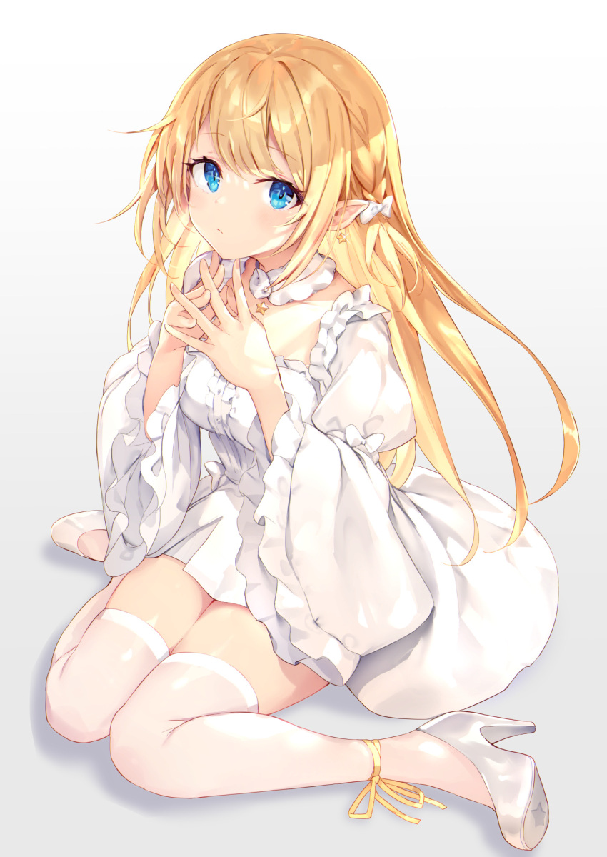 1girl blonde_hair blue_eyes bow braid dress fingers_together haishiki high_heels highres jewelry knees_together_feet_apart long_hair looking_at_viewer necklace original pointy_ears ribbon sitting solo thigh-highs wariza white_dress