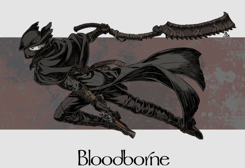 1boy bandages belt bloodborne boots capelet cloak coat commentary_request english_text full_body gloves grey_eyes grey_hair gun hat highres holding holding_gun holding_weapon hunter_(bloodborne) kamezaemon looking_back male_focus mask mouth_mask one_eye_covered saw_cleaver short_hair simple_background solo tricorne weapon