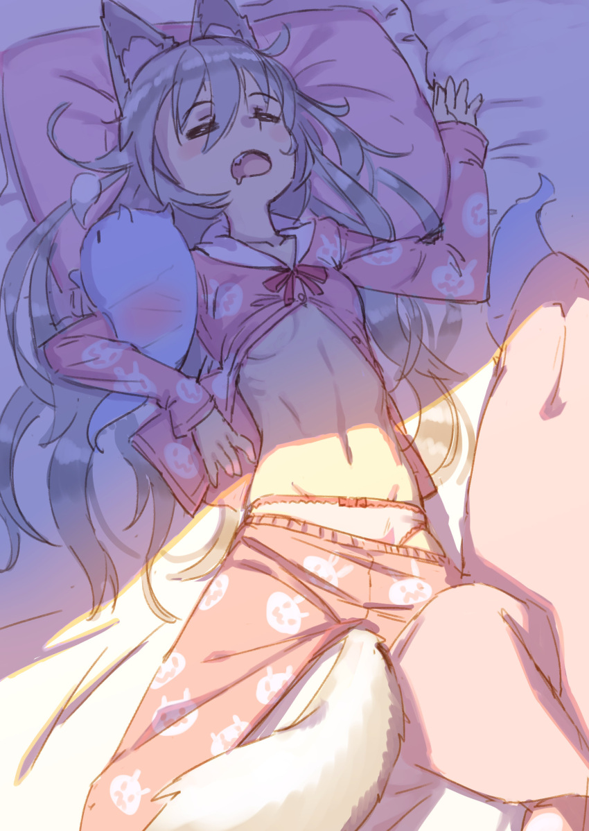 1girl =_= animal animal_ears breasts cat chinese_commentary closed_eyes commentary_request ghost highres long_hair lying midriff navel on_back open_clothes open_mouth open_shirt original pajamas panties pants pants_pull pillow silver_hair sleeping tail under_boob underwear yellowpaint.