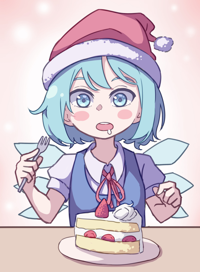 1girl absurdres bangs blue_eyes blue_hair cake cirno collared_shirt eyebrows_behind_hair food fork hat highres holding holding_fork kame_(kamepan44231) looking_down neck_ribbon open_mouth pink_background plate puffy_short_sleeves puffy_sleeves red_headwear red_neckwear red_ribbon ribbon saliva santa_hat shirt short_hair short_sleeves solo touhou upper_body white_shirt