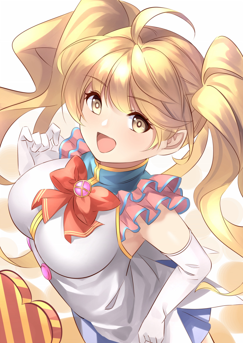 1girl ahoge bangs blonde_hair blue_skirt blush bow breasts brooch brown_eyes elbow_gloves frills gloves granblue_fantasy highres jewelry large_breasts long_hair looking_at_viewer miya_star_saa monika_weisswind open_mouth red_bow shirt skirt sleeveless sleeveless_shirt twintails wavy_hair white_gloves