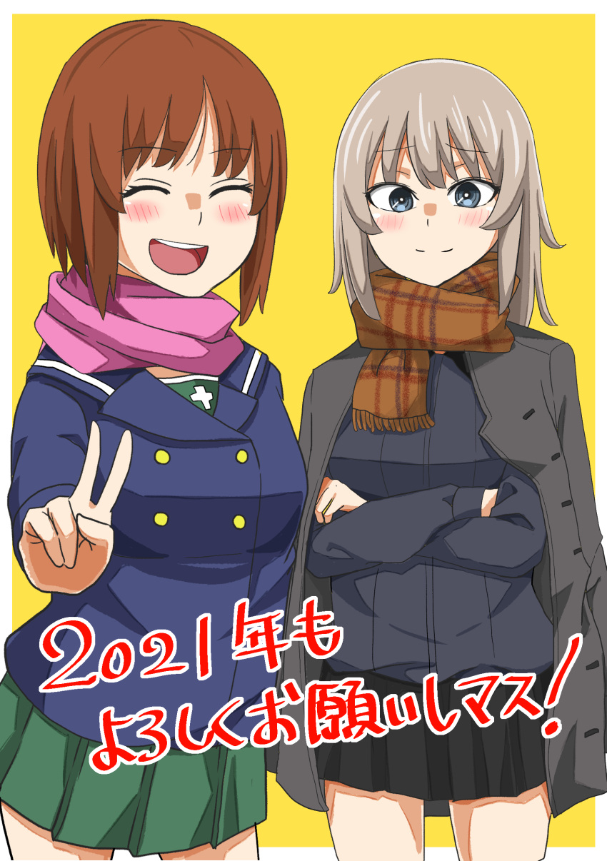 2021 2girls :d absurdres bangs black_skirt blue_eyes blue_jacket border brown_hair brown_scarf closed_eyes coat coat_on_shoulders commentary_request crossed_arms double-breasted dress_shirt eyebrows_visible_through_hair facing_viewer fringe_trim girls_und_panzer green_skirt grey_coat grey_shirt highres itsumi_erika jacket kotoyoro kuromorimine_school_uniform long_sleeves looking_at_viewer medium_hair miniskirt multiple_girls natsume_mina new_year nishizumi_miho ooarai_school_uniform open_mouth outside_border pink_scarf pleated_skirt sailor_collar scarf school_uniform shirt short_hair side-by-side silver_hair skirt smile standing translated v white_border winter_uniform yellow_background