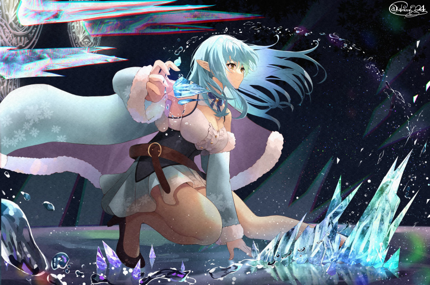 1girl absurdres bare_legs bare_shoulders blue_hair breasts chromatic_aberration cloak dress elf fighting_stance hand_up highres hololive ice large_breasts magic magic_circle pointy_ears shiina_aoi solo squatting virtual_youtuber water yellow_eyes yukihana_lamy